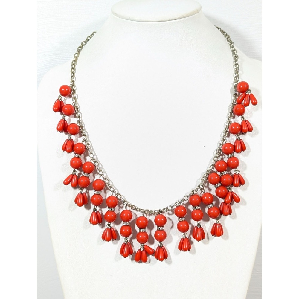 Boho Coastal Chic Red Bead Tassel Bib Necklace Statement 26"